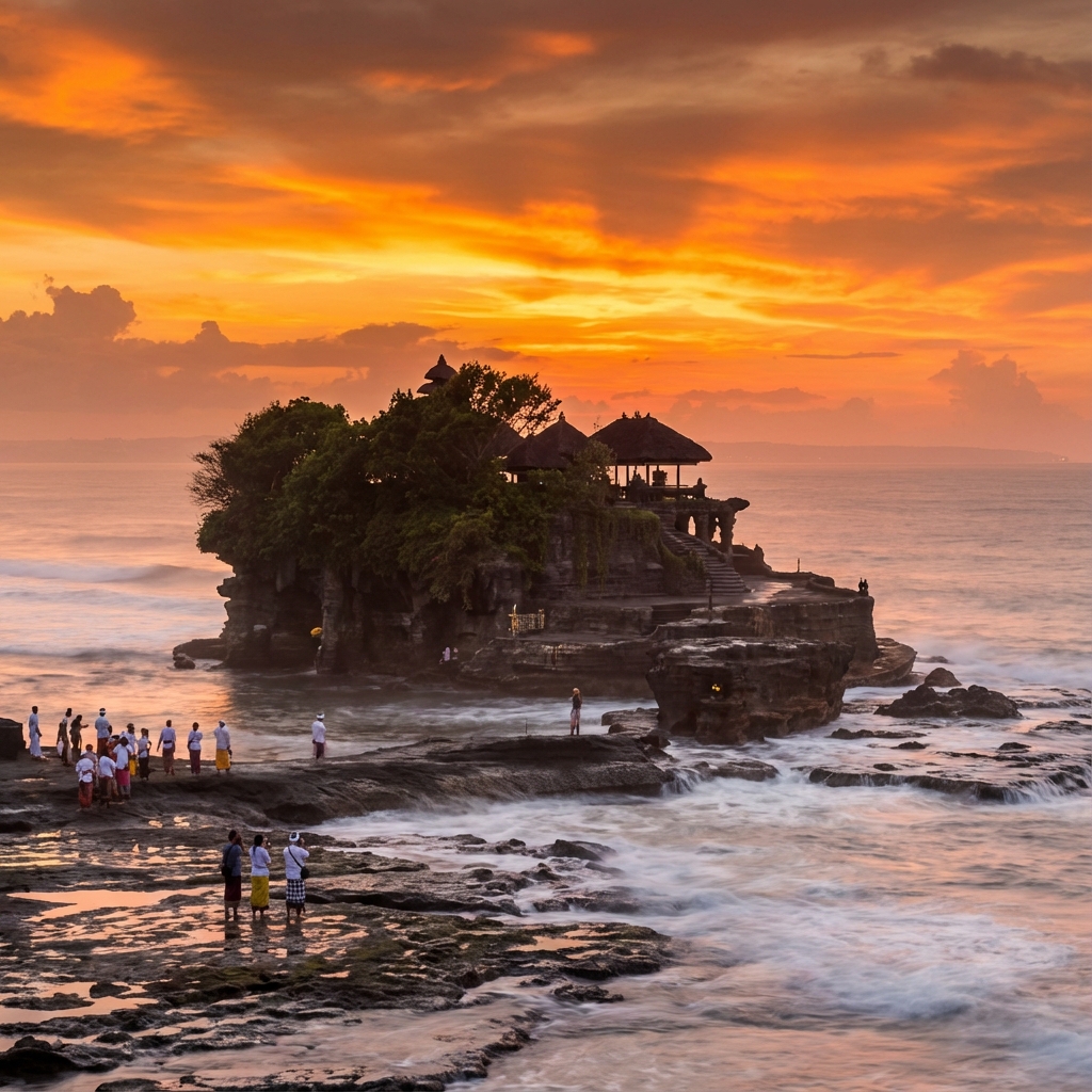 Temple Tanah Lot à Bali au coucher de soleil