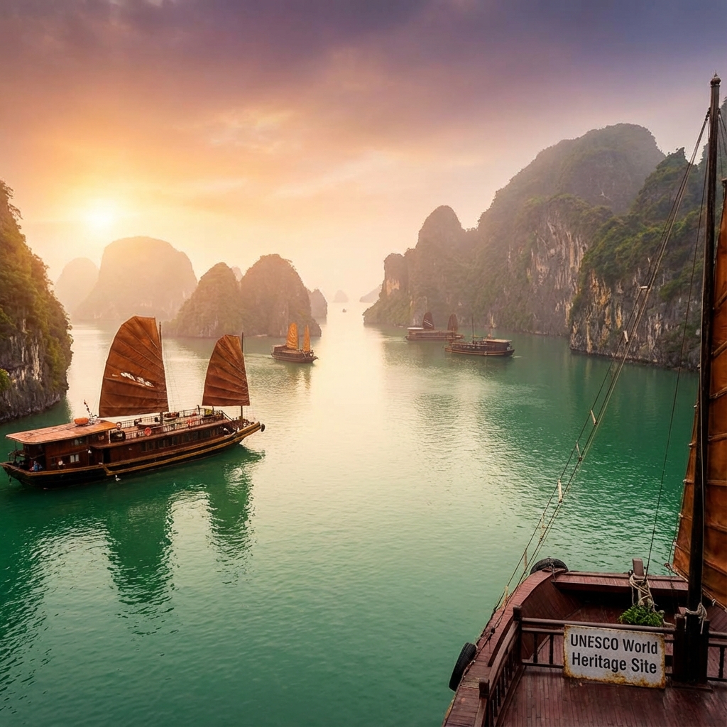 Baie d'Halong au lever du soleil avec jonques traditionnelles